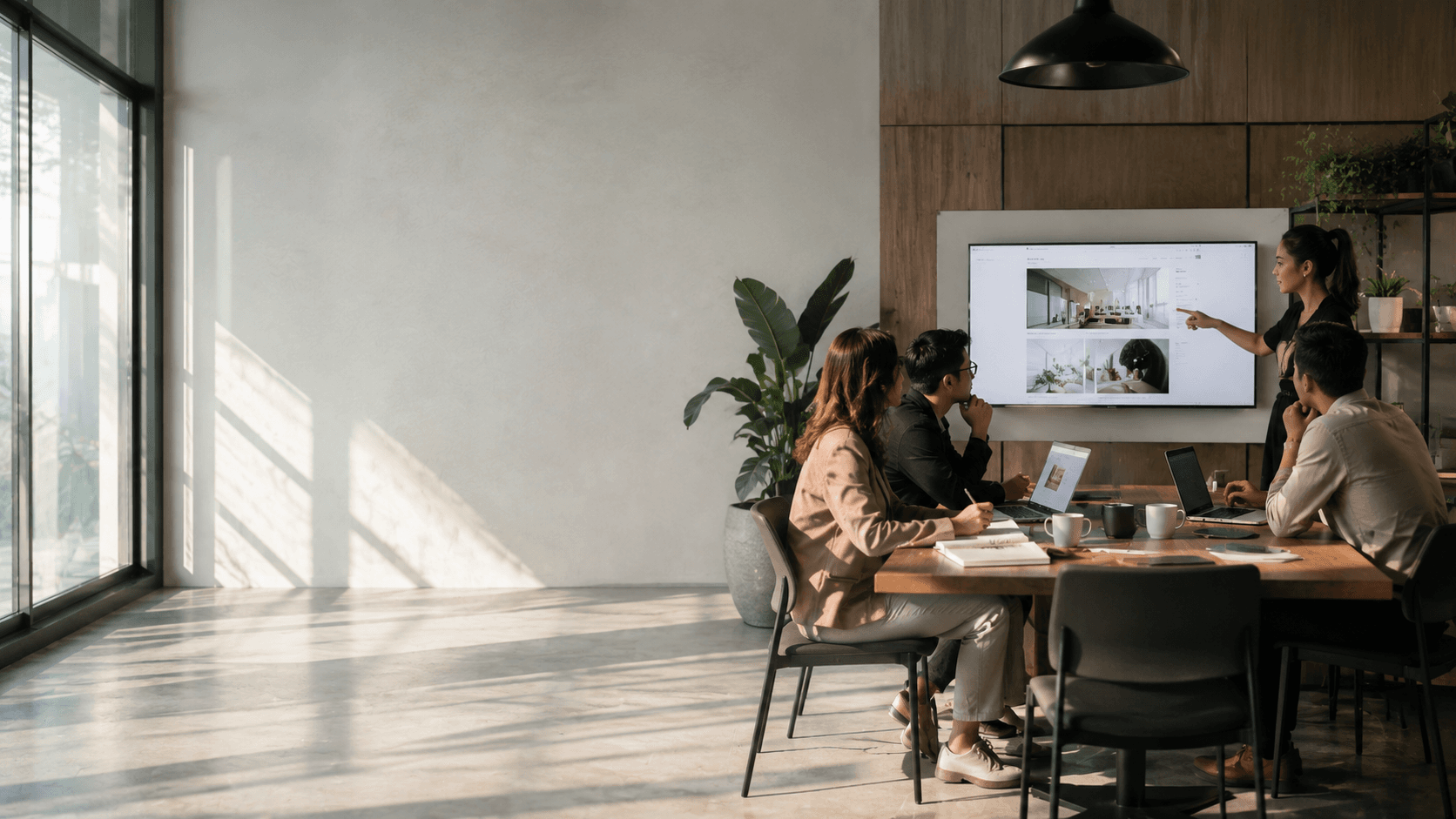 Developer working at a modern desk with dual monitors in a bright, minimalist office